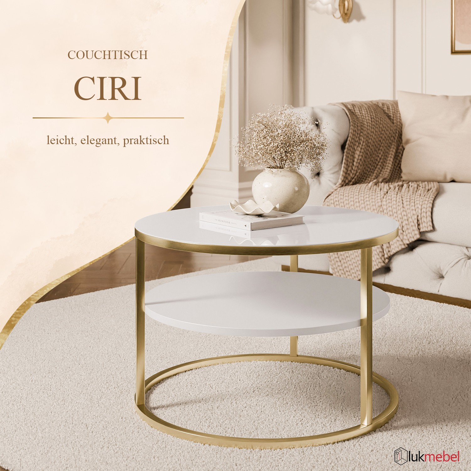 Runder Couchtisch CIRI SLIM GLASS mit Ablage auf einem goldfarbenen, gebürsteten Gestell