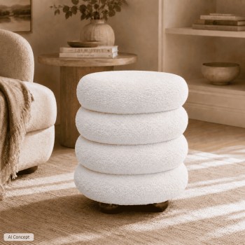 Der Sitzhocker NOLLIE aus Bouclé-Stoff mit dekorativer, segmentierter Form