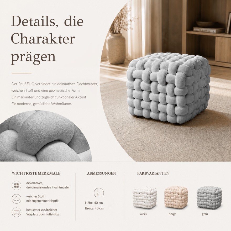 Der Sitzhocker ELIO mit dekorativem Webmuster und Bouclé-Stoff
