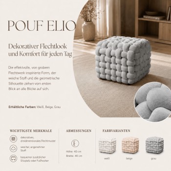 Der Sitzhocker ELIO mit dekorativem Webmuster und Bouclé-Stoff