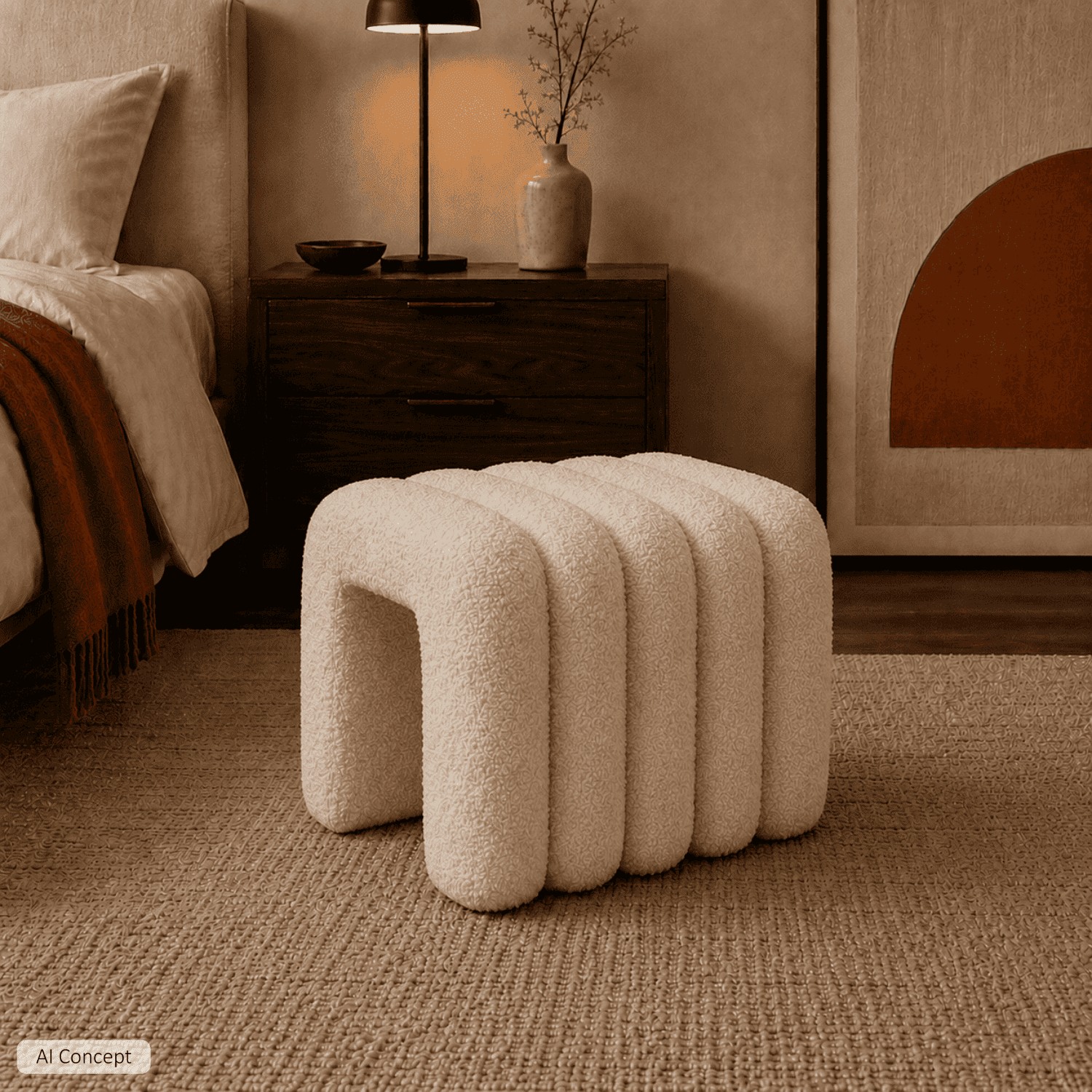 Hocker RIBA Bouclé mit dekorativer Form