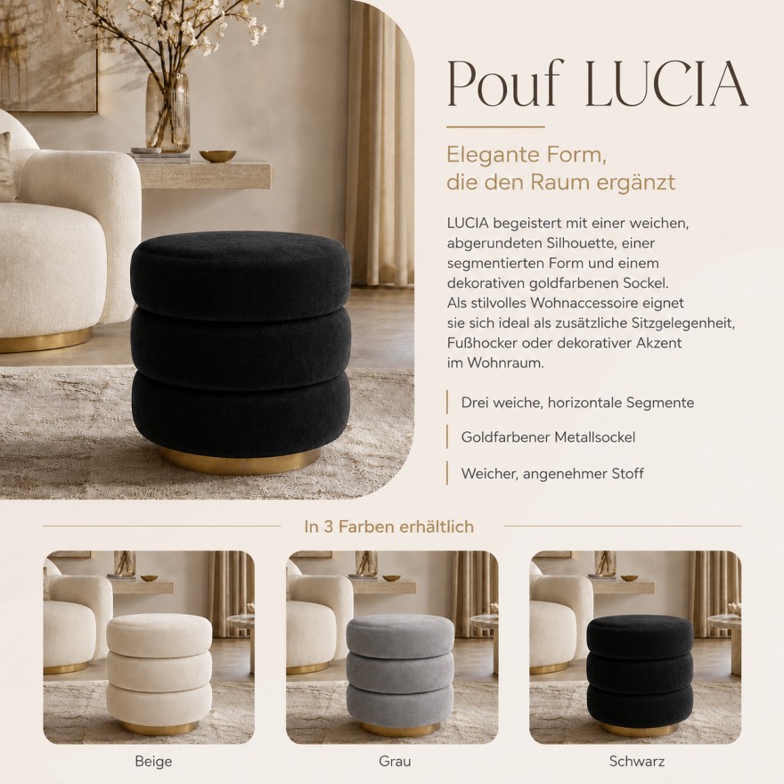 Hocker LUCIA Glamour mit goldenem Sockel