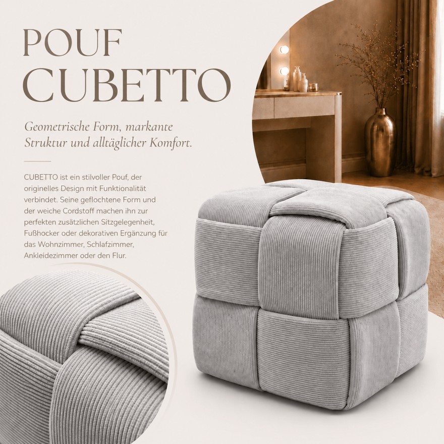 Der Sitzhocker CUBETTO aus Cord mit geflochtener Form