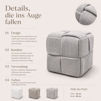 Der Sitzhocker CUBETTO aus Cord mit geflochtener Form