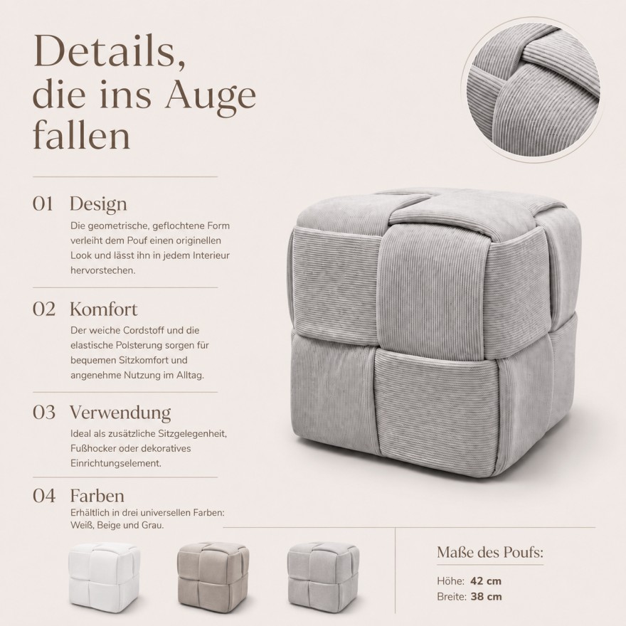 Der Sitzhocker CUBETTO aus Cord mit geflochtener Form