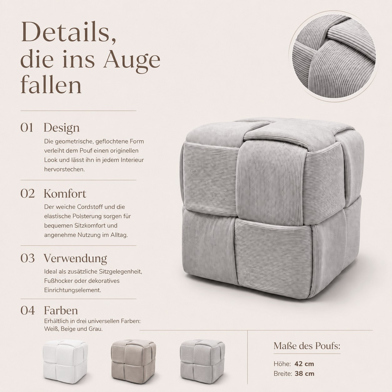 Der Sitzhocker CUBETTO aus Cord mit geflochtener Form