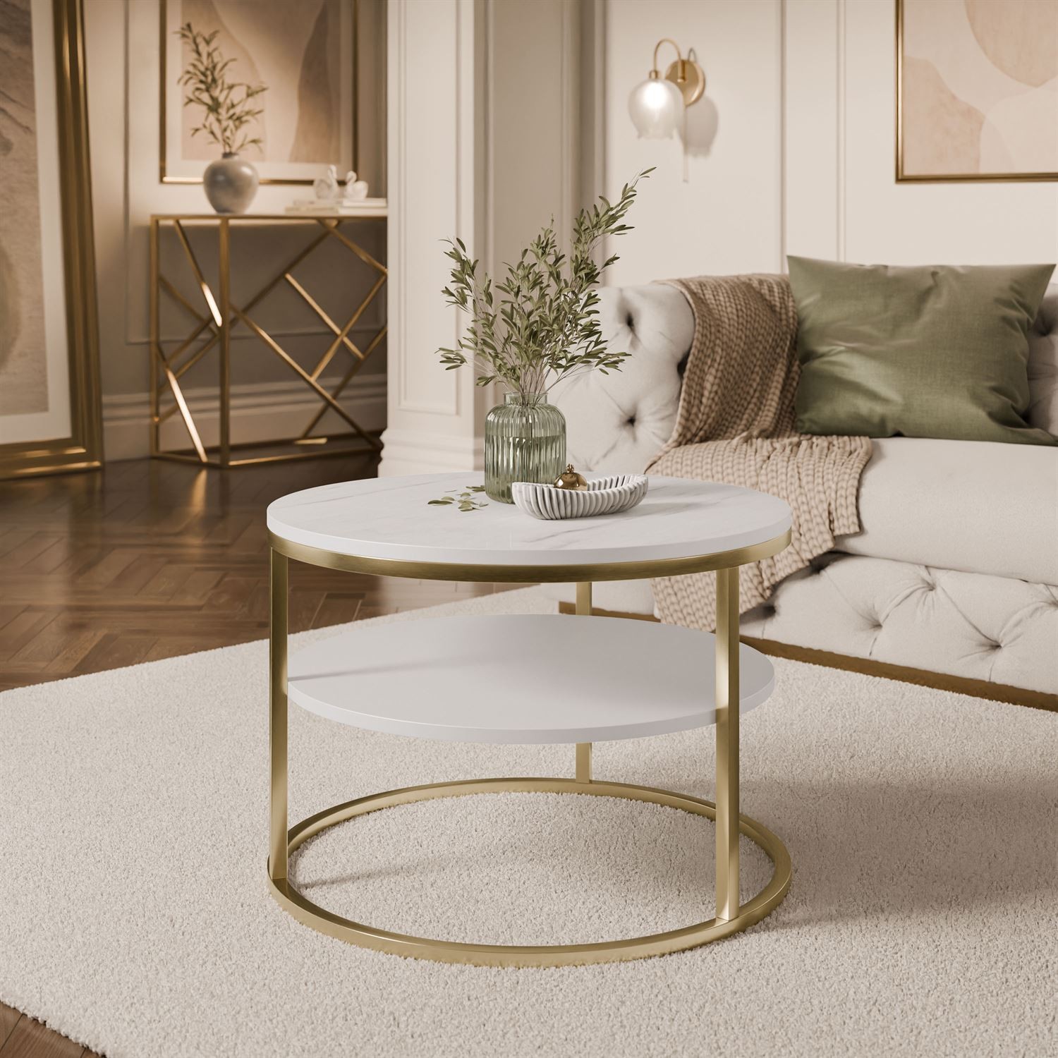 Runder Couchtisch CIRI SLIM MAT mit Ablage auf einem goldfarbenen, gebürsteten Gestell