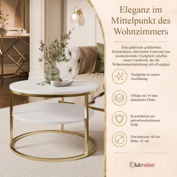 Runder Couchtisch CIRI SLIM MAT mit Ablage auf einem goldfarbenen, gebürsteten Gestell
