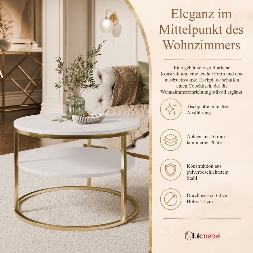 Runder Couchtisch CIRI SLIM MAT mit Ablage auf einem goldfarbenen, gebürsteten Gestell