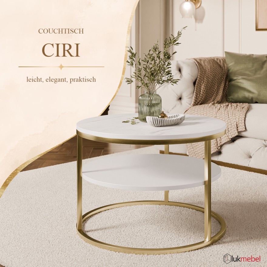 Runder Couchtisch CIRI SLIM MAT mit Ablage auf einem goldfarbenen, gebürsteten Gestell