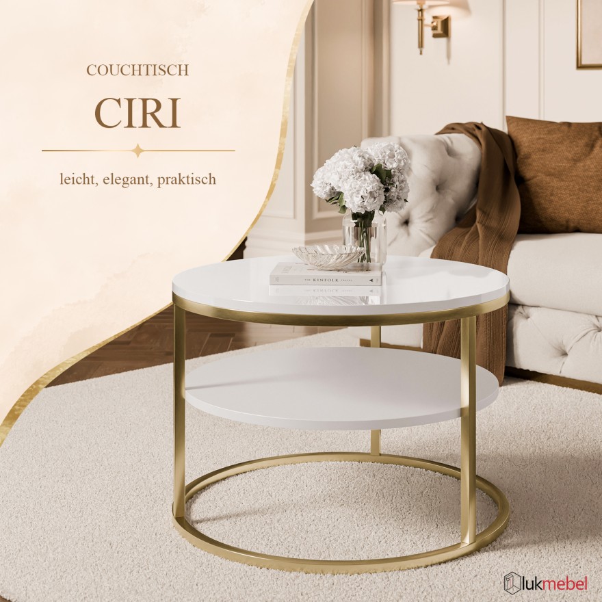 Runder Couchtisch CIRI SLIM in Hochglanz auf einem goldfarbenen, gebürsteten Gestell