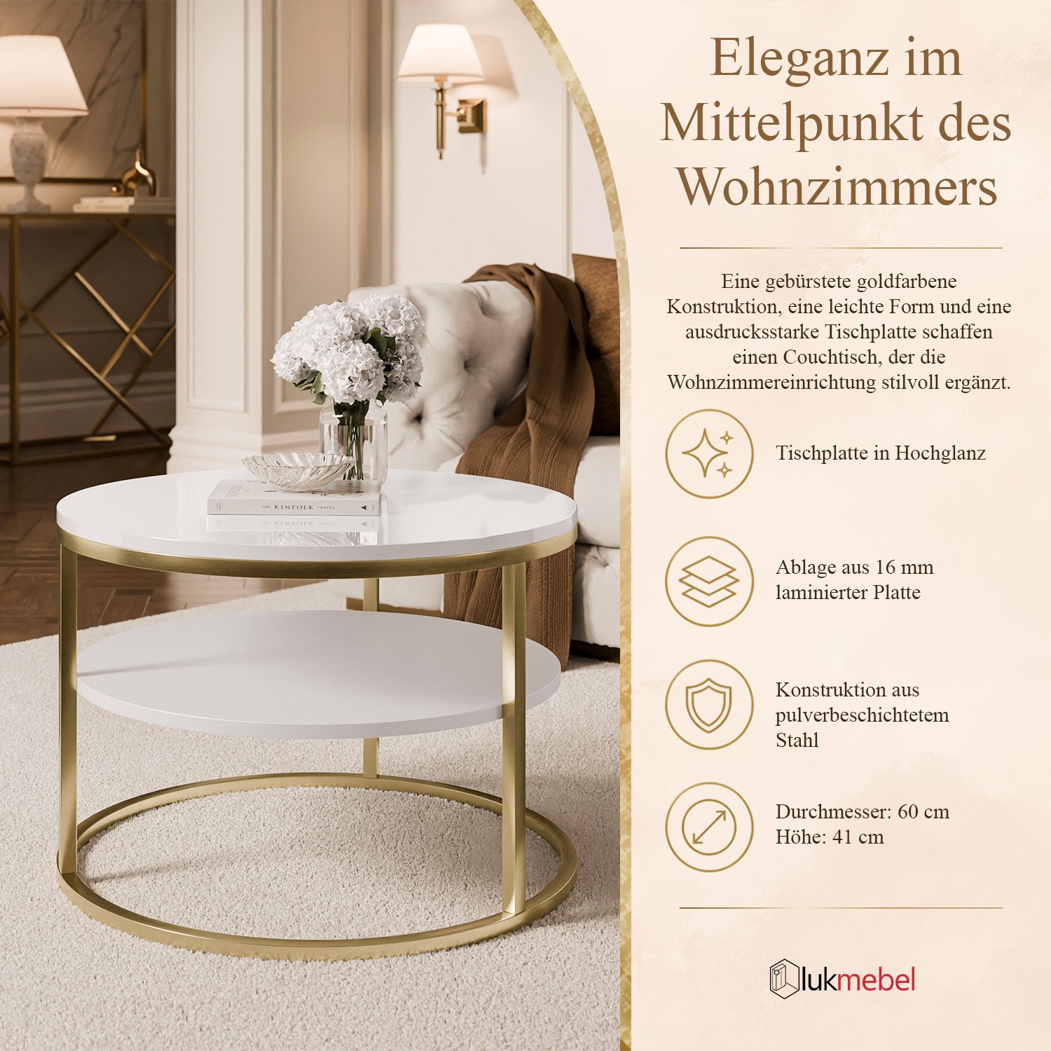Runder Couchtisch CIRI SLIM in Hochglanz auf einem goldfarbenen, gebürsteten Gestell
