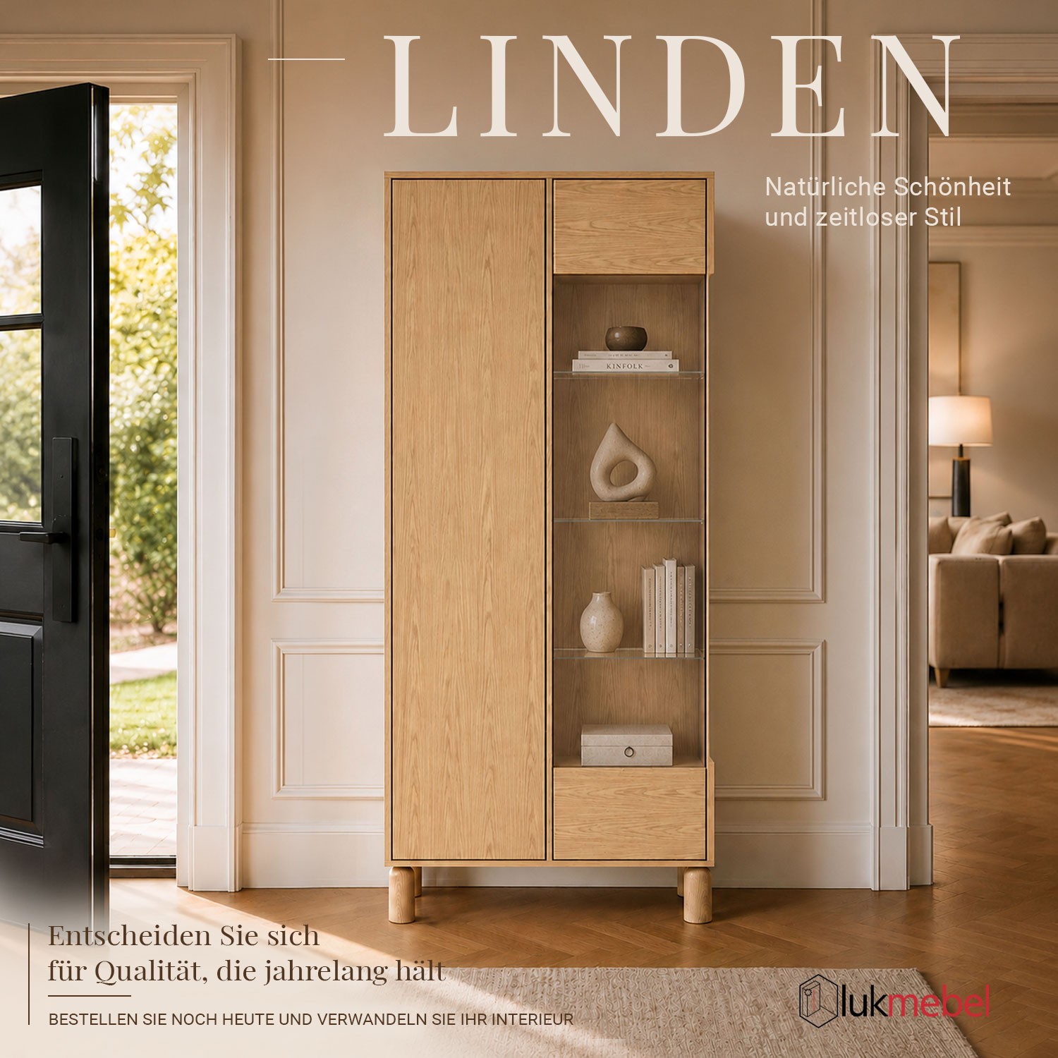 Vitrine LINDEN mit Glastür und LED-Beleuchtung