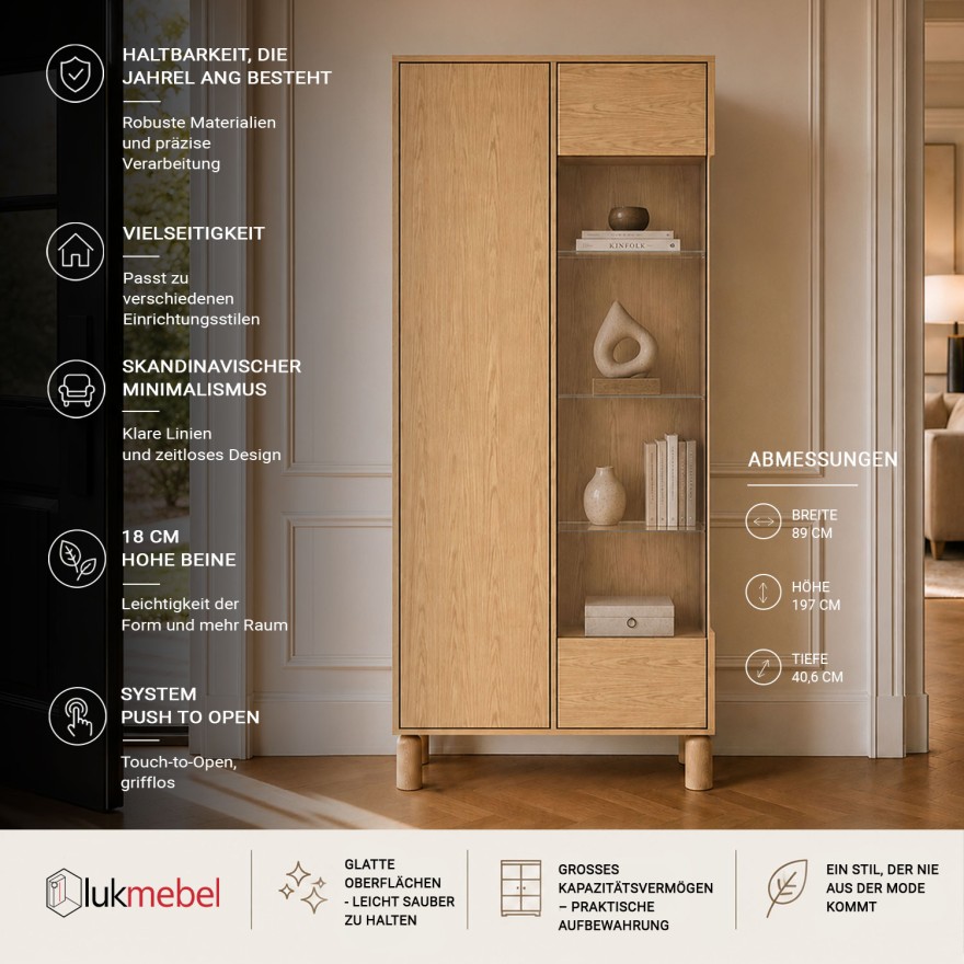 Vitrine LINDEN mit Glastür und LED-Beleuchtung