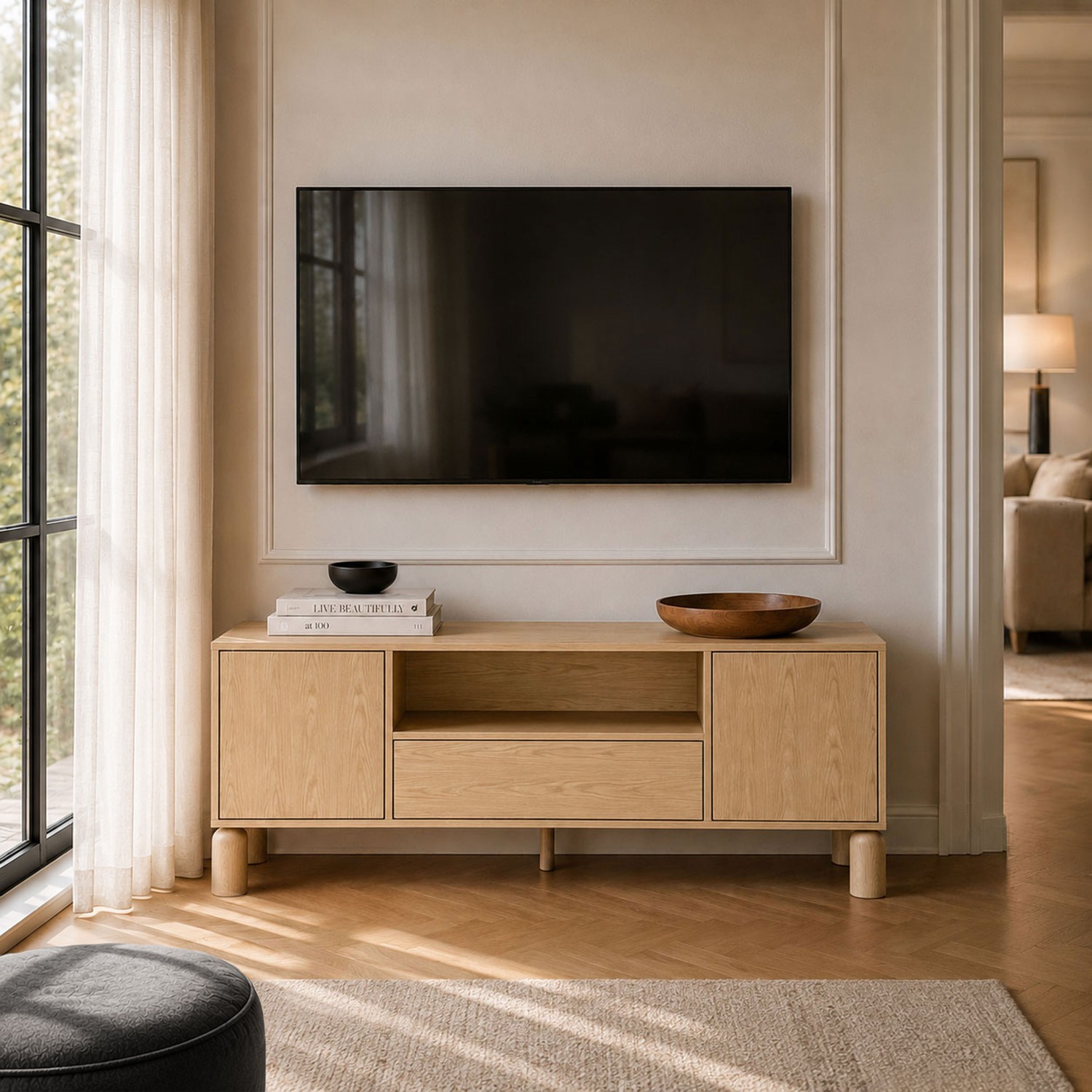 TV-Lowboard LINDEN mit offenem Fach und Schublade