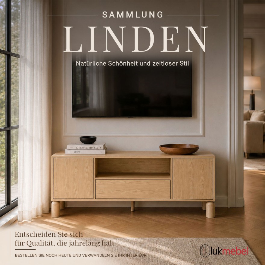 TV-Lowboard LINDEN mit offenem Fach und Schublade