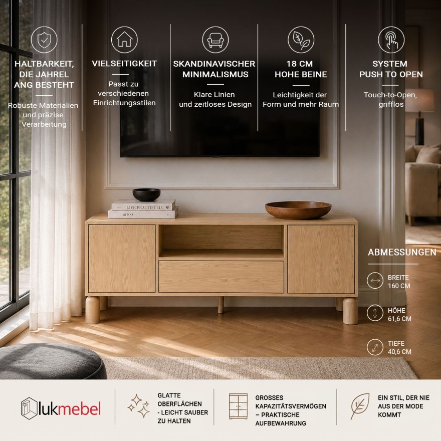 TV-Lowboard LINDEN mit offenem Fach und Schublade