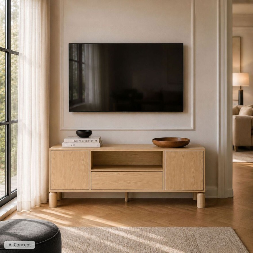 TV-Lowboard LINDEN mit offenem Fach und Schublade