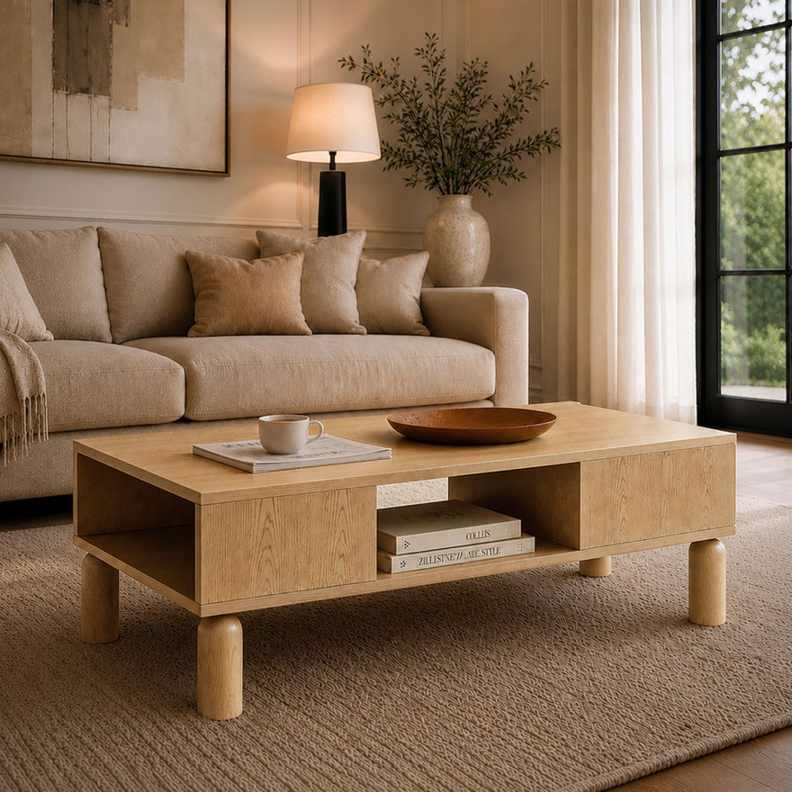 Couchtisch LINDEN mit offenen Fächern und Schublade