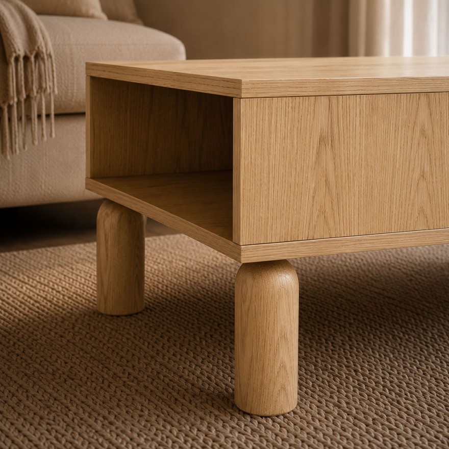 Couchtisch LINDEN mit offenen Fächern und Schublade