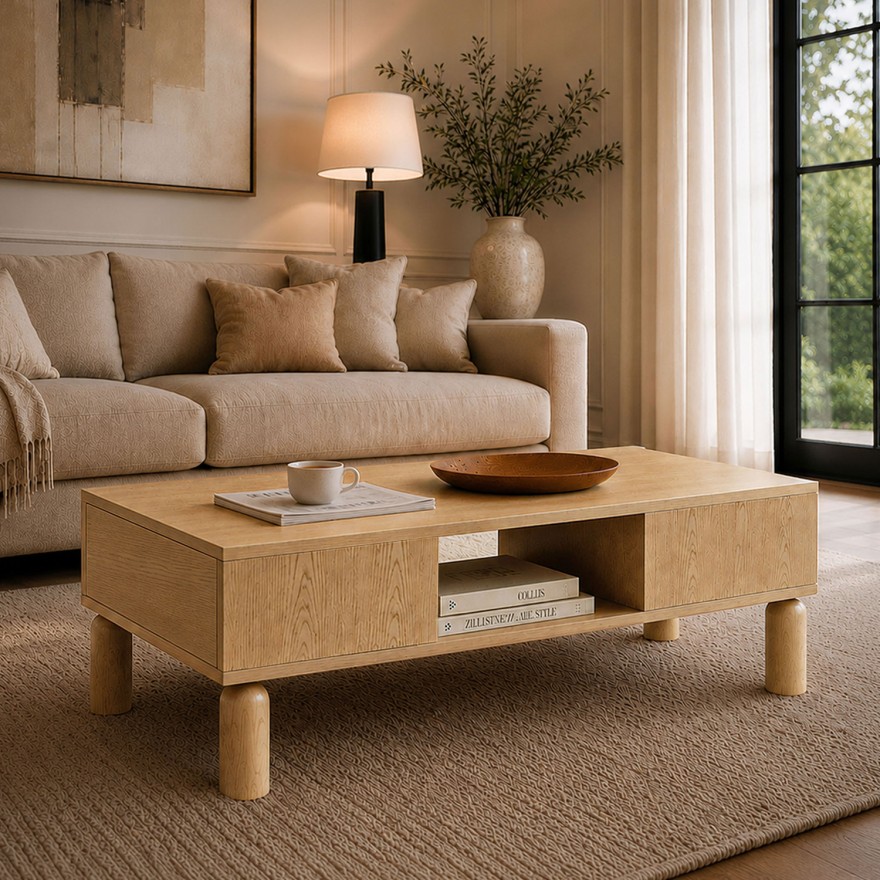 Couchtisch LINDEN mit offenen Fächern und Schublade