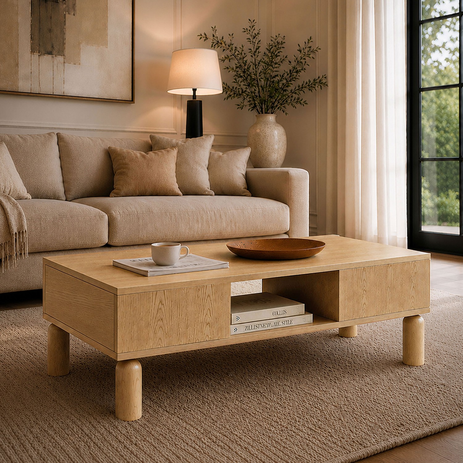 Couchtisch LINDEN mit offenen Fächern und Schublade