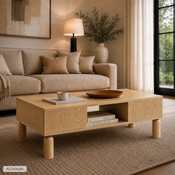 Couchtisch LINDEN mit offenen Fächern und Schublade