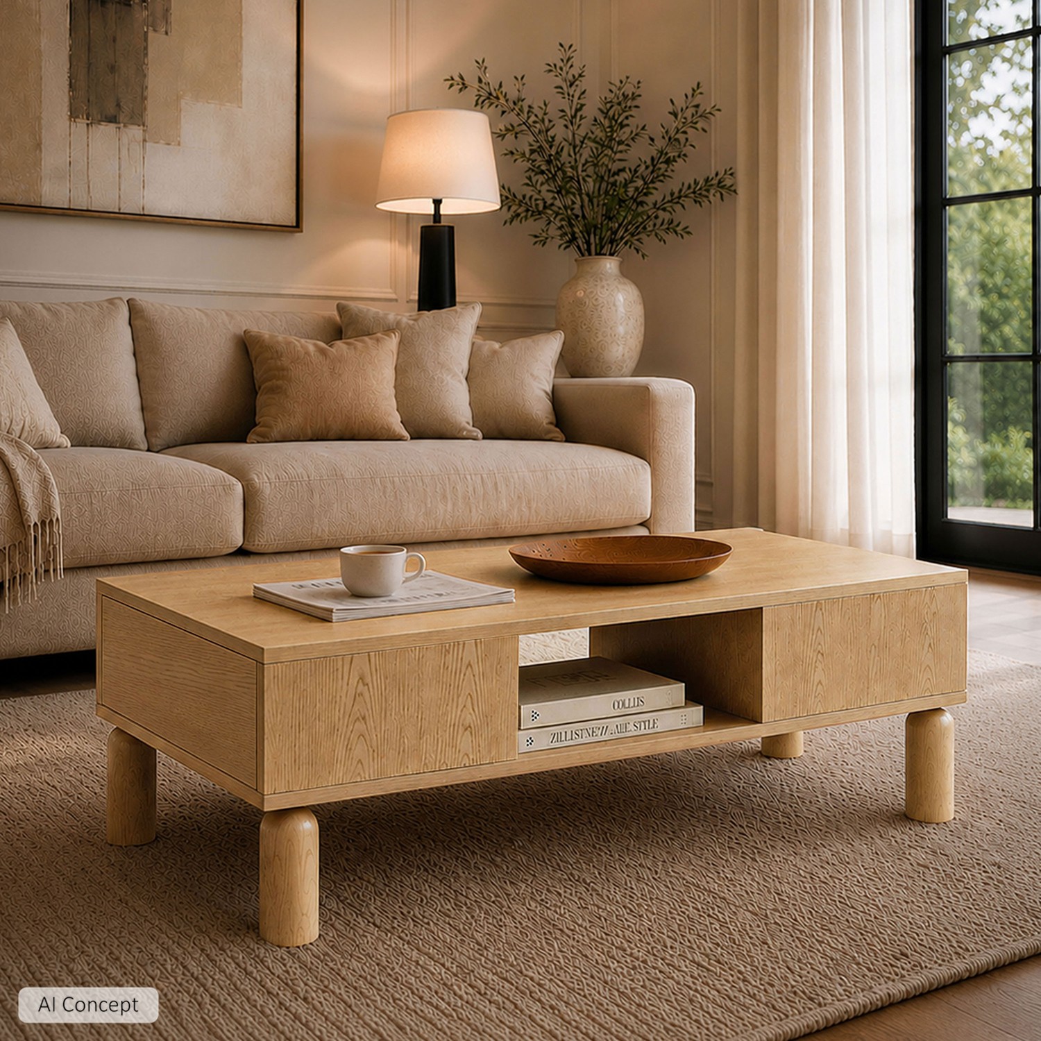 Couchtisch LINDEN mit offenen Fächern und Schublade