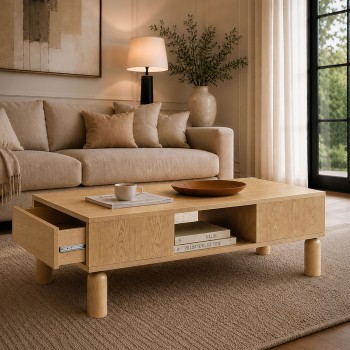 Couchtisch LINDEN mit offenen Fächern und Schublade