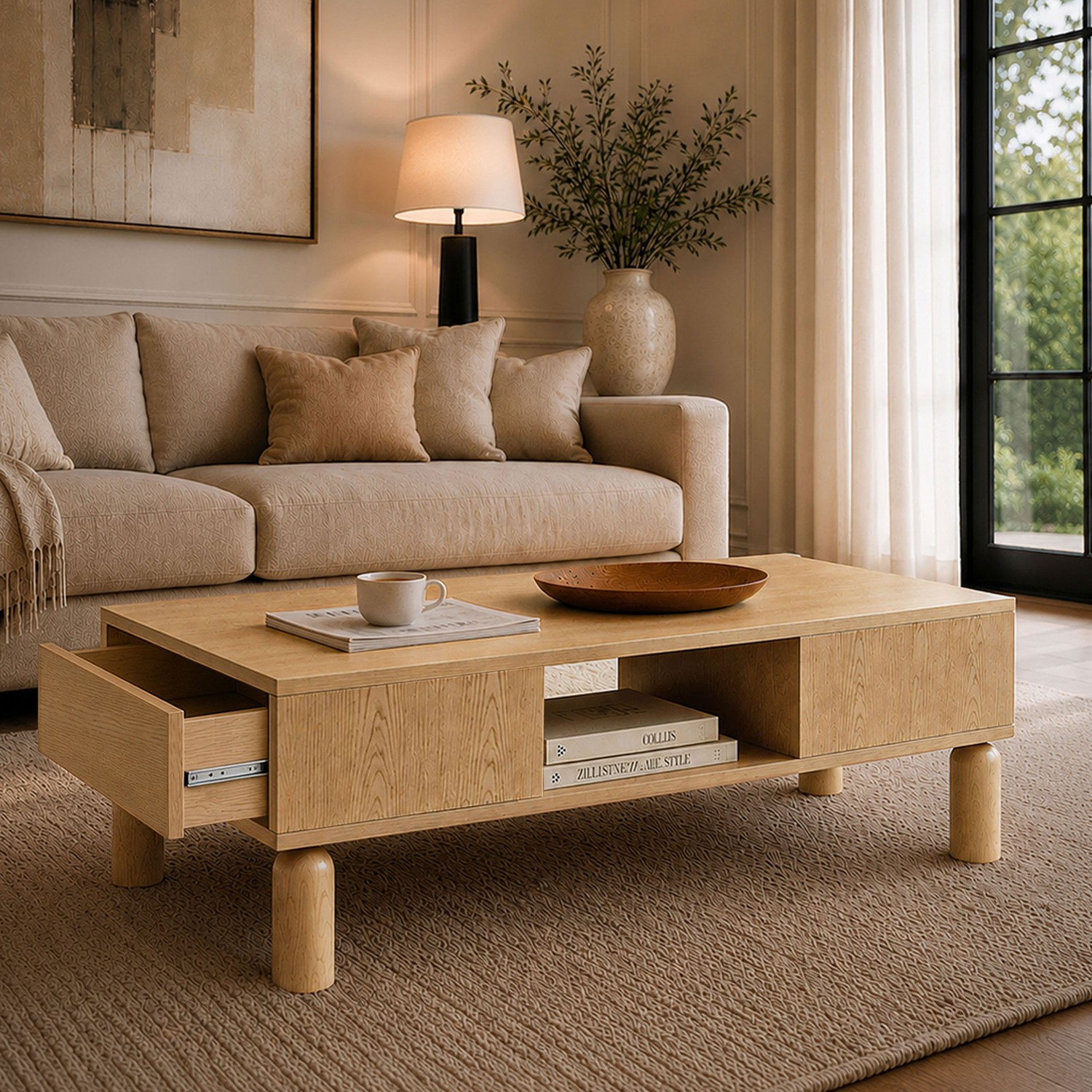 Couchtisch LINDEN mit offenen Fächern und Schublade