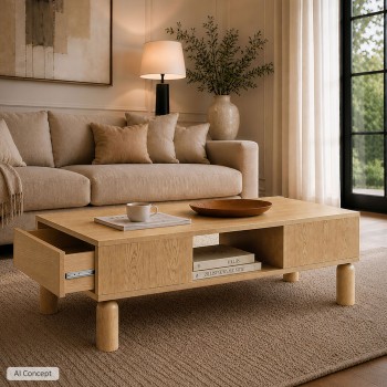 Couchtisch LINDEN mit offenen Fächern und Schublade