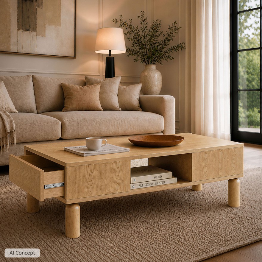 Couchtisch LINDEN mit offenen Fächern und Schublade