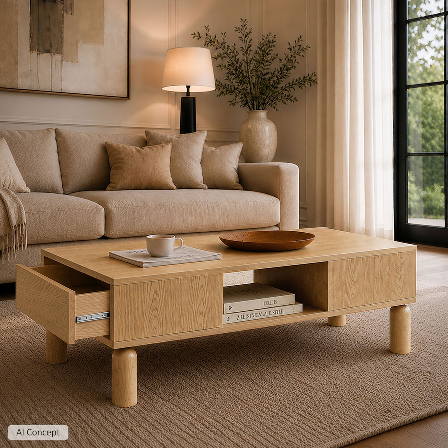 Couchtisch LINDEN mit offenen Fächern und Schublade