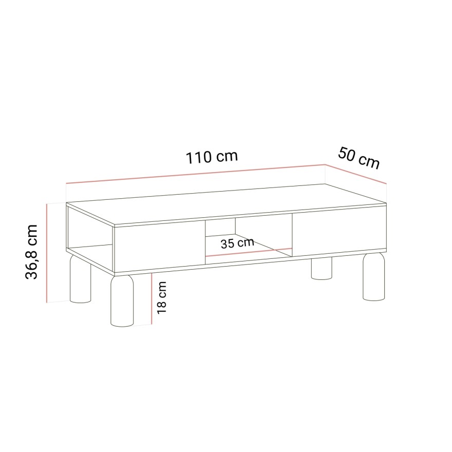 Couchtisch LINDEN mit offenen Fächern und Schublade