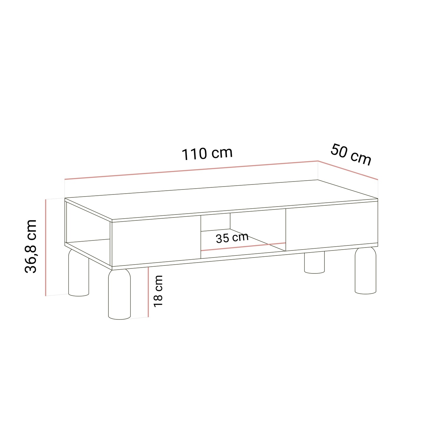 Couchtisch LINDEN mit offenen Fächern und Schublade