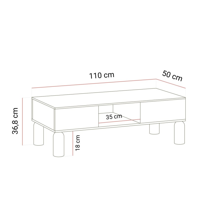 Couchtisch LINDEN mit offenen Fächern und Schublade