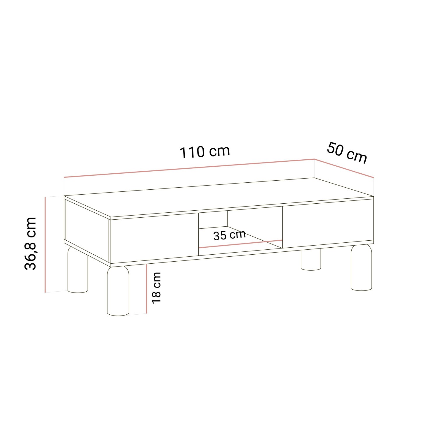 Couchtisch LINDEN mit offenen Fächern und Schublade