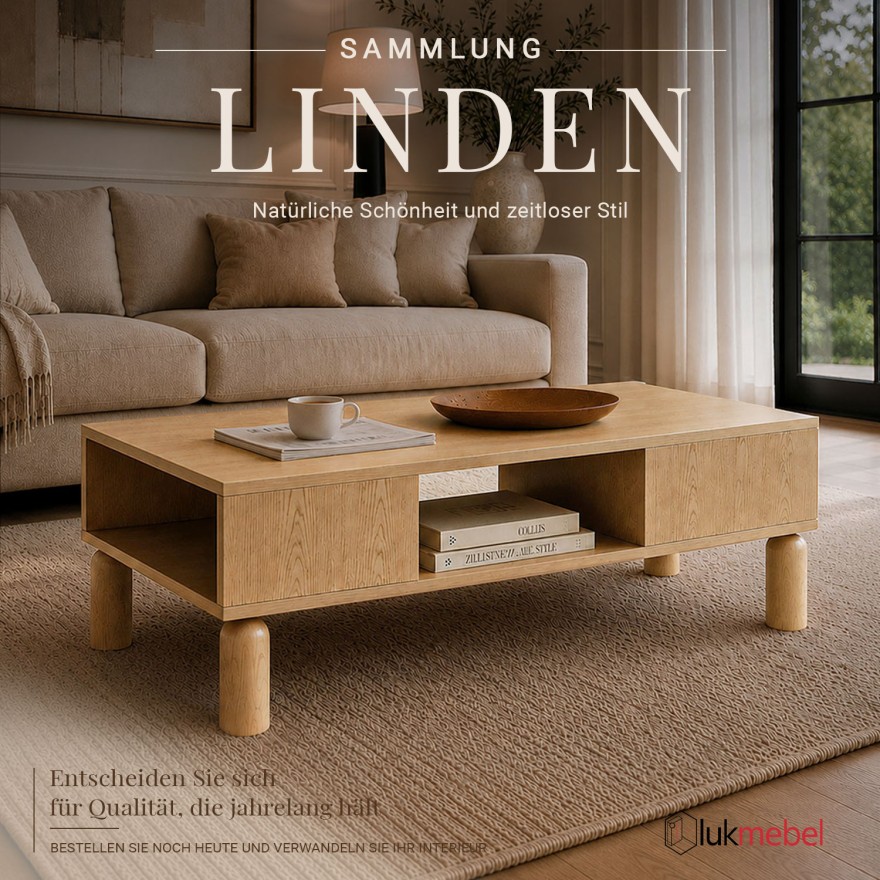 Couchtisch LINDEN mit offenen Fächern und Schublade