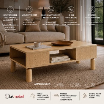 Couchtisch LINDEN mit offenen Fächern und Schublade