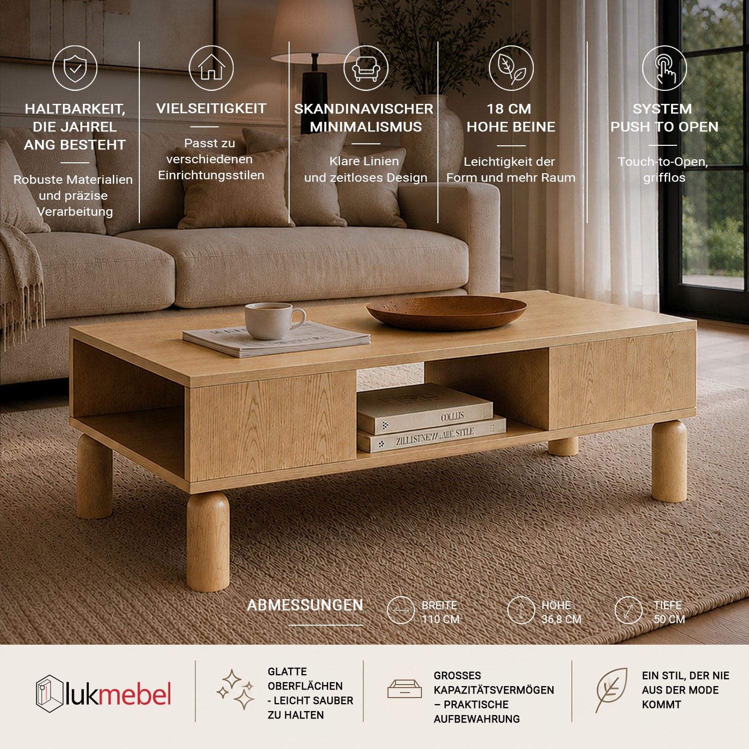Couchtisch LINDEN mit offenen Fächern und Schublade