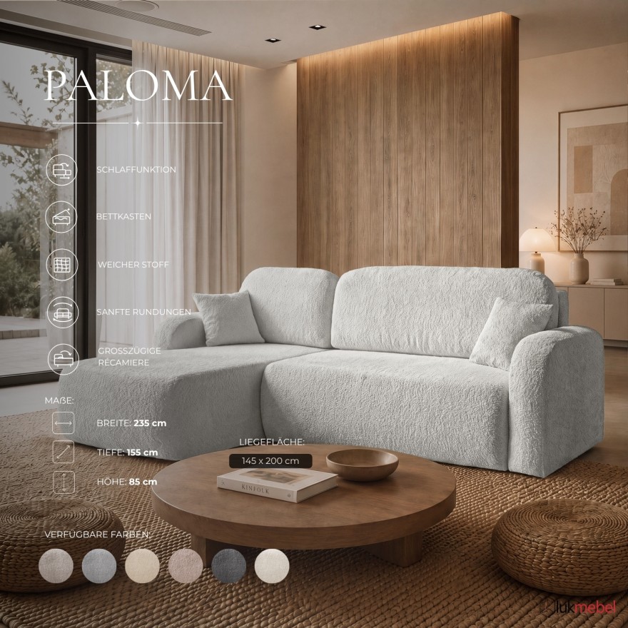 Ecksofa PALOMA L mit Schlaffunktion und Bettkasten