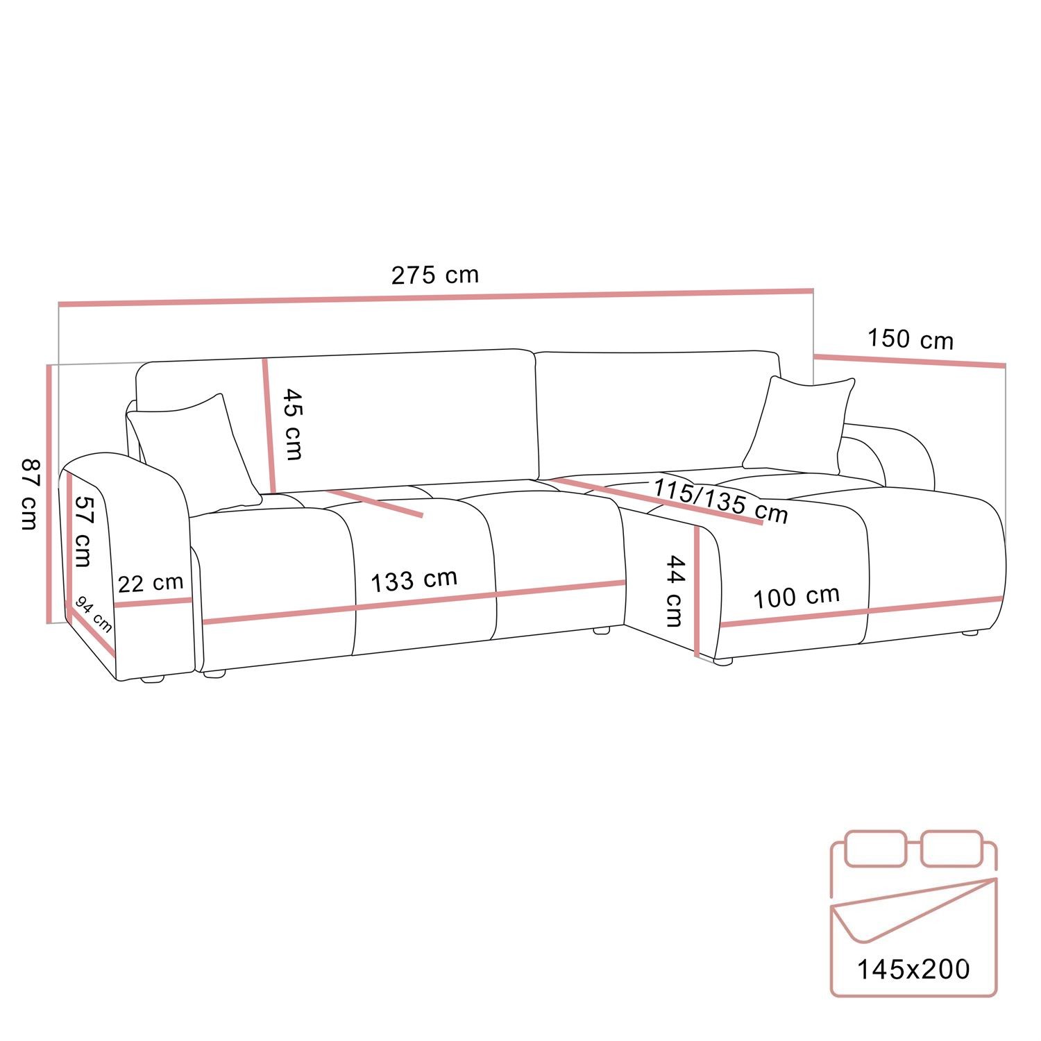 Ecksofa MALIBU XL mit Schlaffunktion und Bettkasten