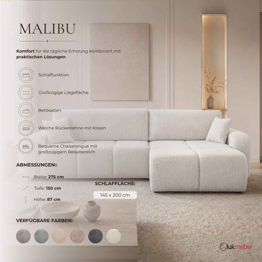 Ecksofa MALIBU XL mit Schlaffunktion und Bettkasten