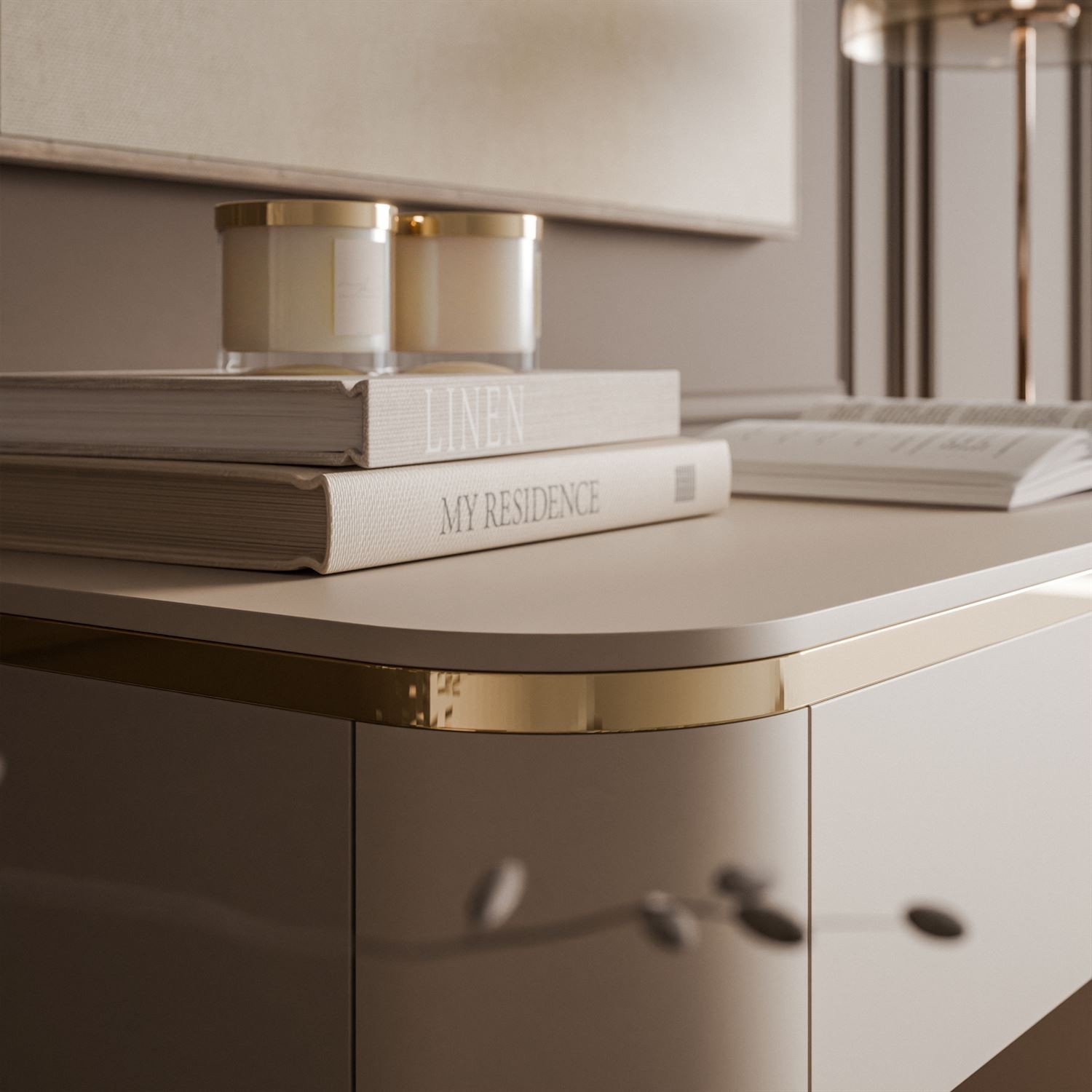 Konsole AVELINE mit goldener Leiste und Schubladen