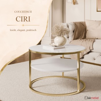 Runder Couchtisch CIRI SLIM aus Quarz-Sinterstein auf einem goldfarbenen, gebürsteten Gestell