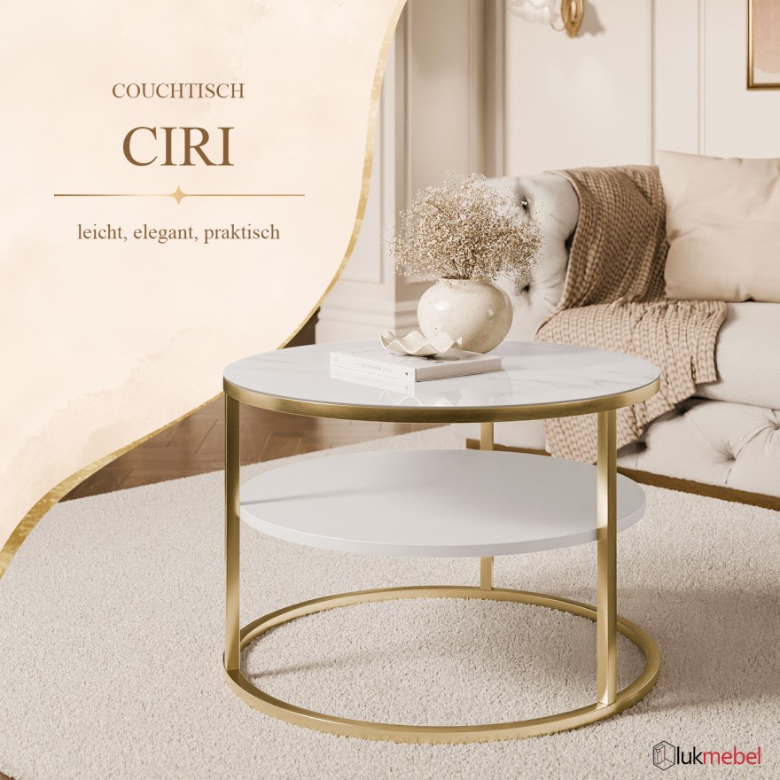 Runder Couchtisch CIRI SLIM aus Quarz-Sinterstein auf einem goldfarbenen, gebürsteten Gestell