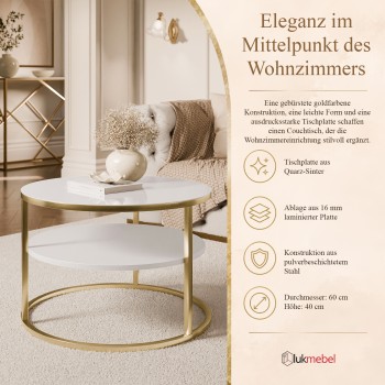 Runder Couchtisch CIRI SLIM aus Quarz-Sinterstein auf einem goldfarbenen, gebürsteten Gestell