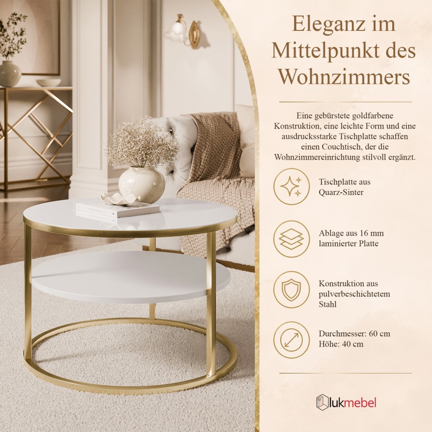 Runder Couchtisch CIRI SLIM aus Quarz-Sinterstein auf einem goldfarbenen, gebürsteten Gestell