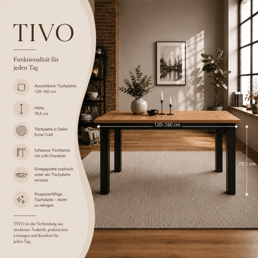 Ausziehbarer Esstisch TIVO 120–160 cm