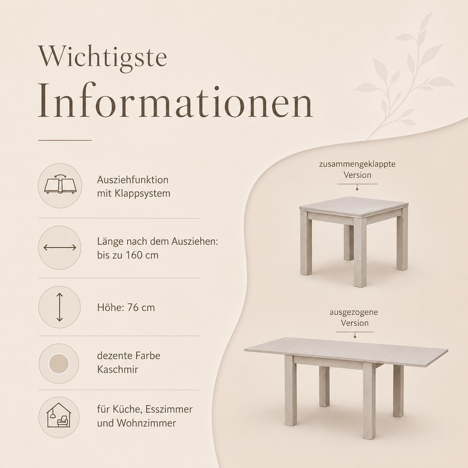 Ausziehbarer Esstisch VIGO 80–160 cm